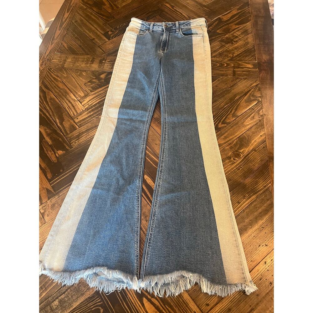 Colorblock Fringe Flare Jeans Women 5 Western Boho Cowgirl Hippie Aztec Grunge